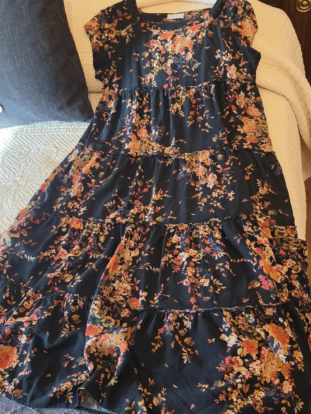 Floral Tiered Maxi Dress in Black with Orange Accents - Picture 2 of 2